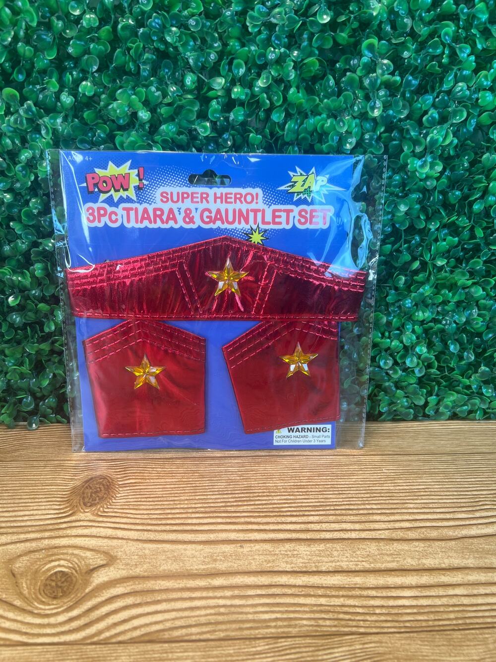 Super Hero Tiara & Gauntlet Set Red Shimmering W/Gold Stars  Costume Accessory